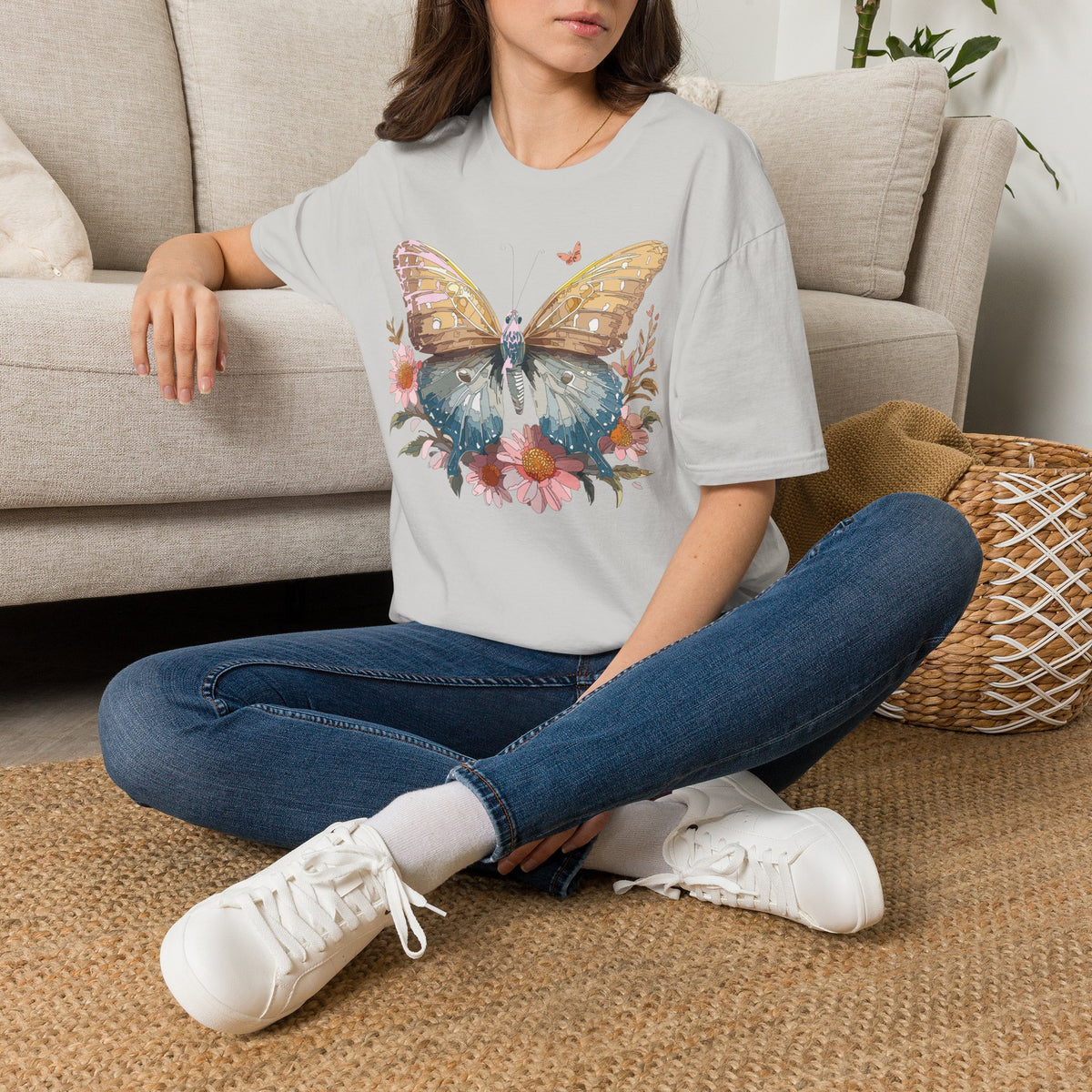 Butterfly Floral T-Shirt – Colorful Nature-Inspired Botanical Gift Graphic Design Unisex 100 Cotton Gildan T-Shirt