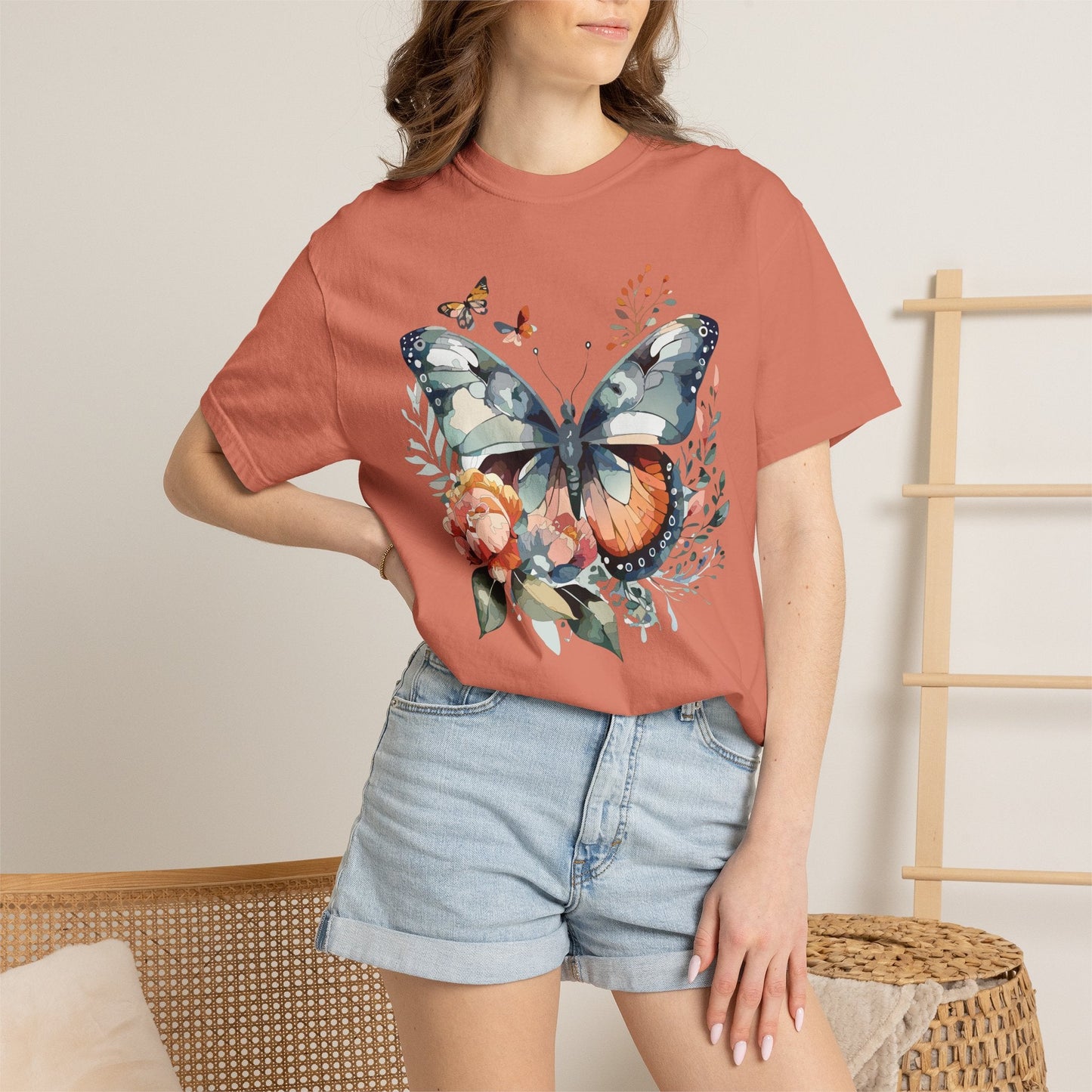 Butterfly Floral Print T-Shirt Botanical Design Unisex Heavy Cotton Tee b1