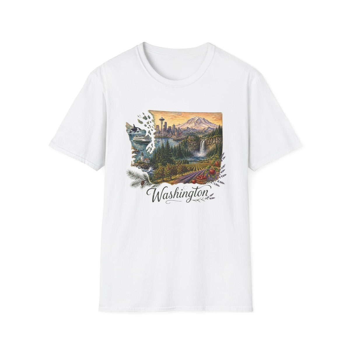 Washington Scenic T-Shirt — Vintage Mountain & Waterfall State Travel Tourist Graphic Design Unisex 100 Cotton Gildan T-Shirt
