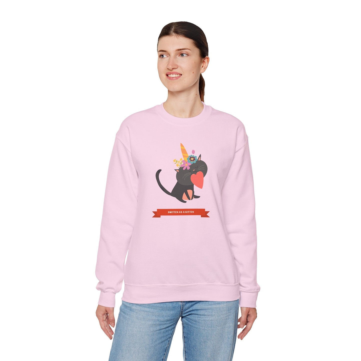 Cat Heart Sweatshirt Unisex Valentine Gift 50/50 Cotton-Poly Crewneck Gildan 18000
