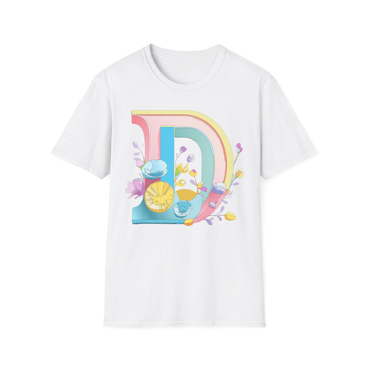 Retro Rainbow Letter D T-Shirt | Floral Lemon Initial Graphic