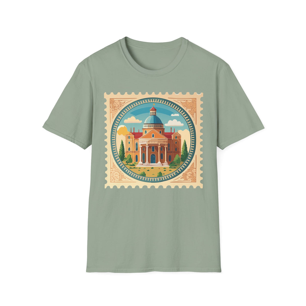 Vintage Postage Stamp Cityscape T-Shirt | Retro Basilica Graphic Tee Unisex 100 Cotton Gildan T-Shirt