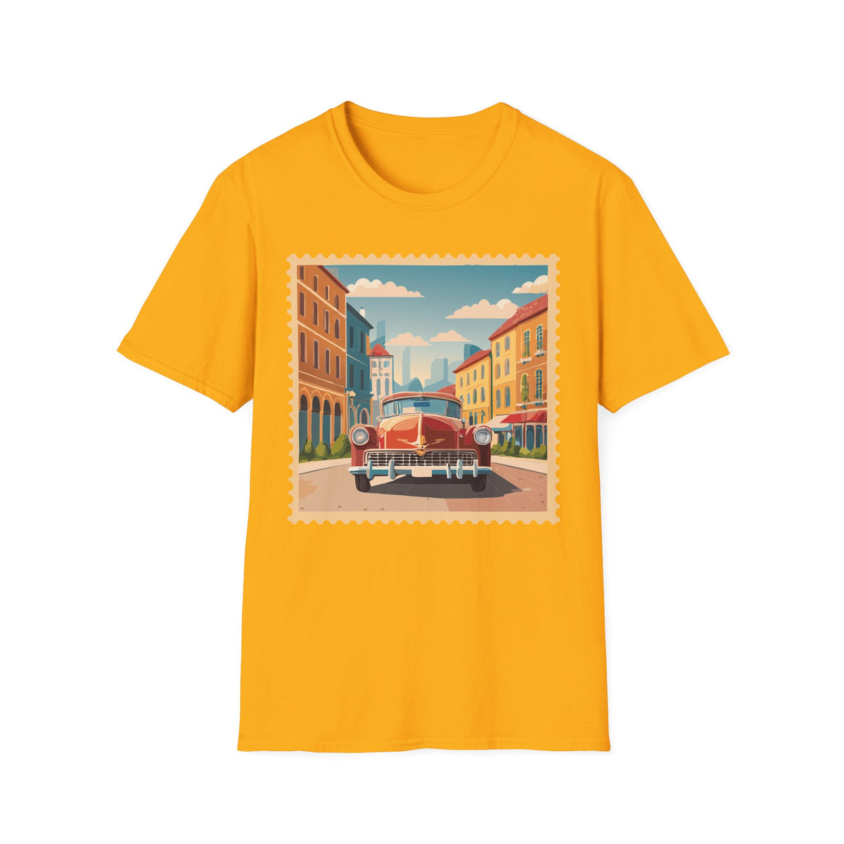 Vintage Cityscape Stamp T-Shirt | Retro Car Street Graphic Tee Unisex 100 Cotton Gildan T-Shirt