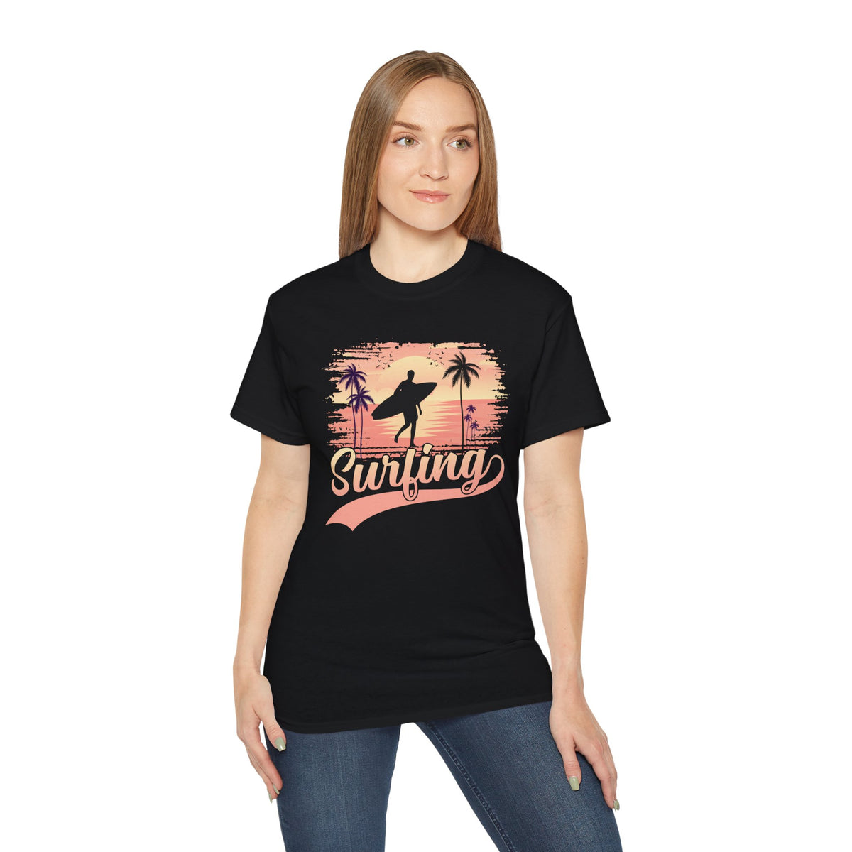Surfing Silhouette Sunset T-Shirt | Palm Trees, Retro Wave Graphic