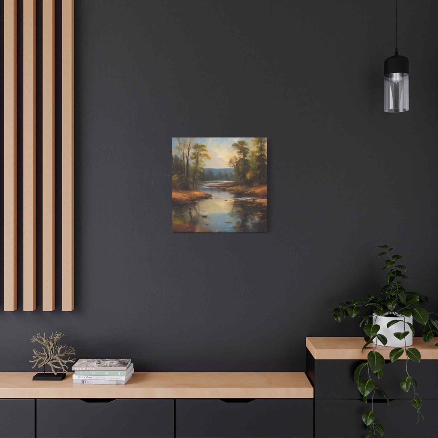 River Print Canvas, Landscape Oil Paint Print 20x20, 24x24, 30x30, 32x32, 36x36 Art Design Print Pine-Wood Inner Frame MC-51