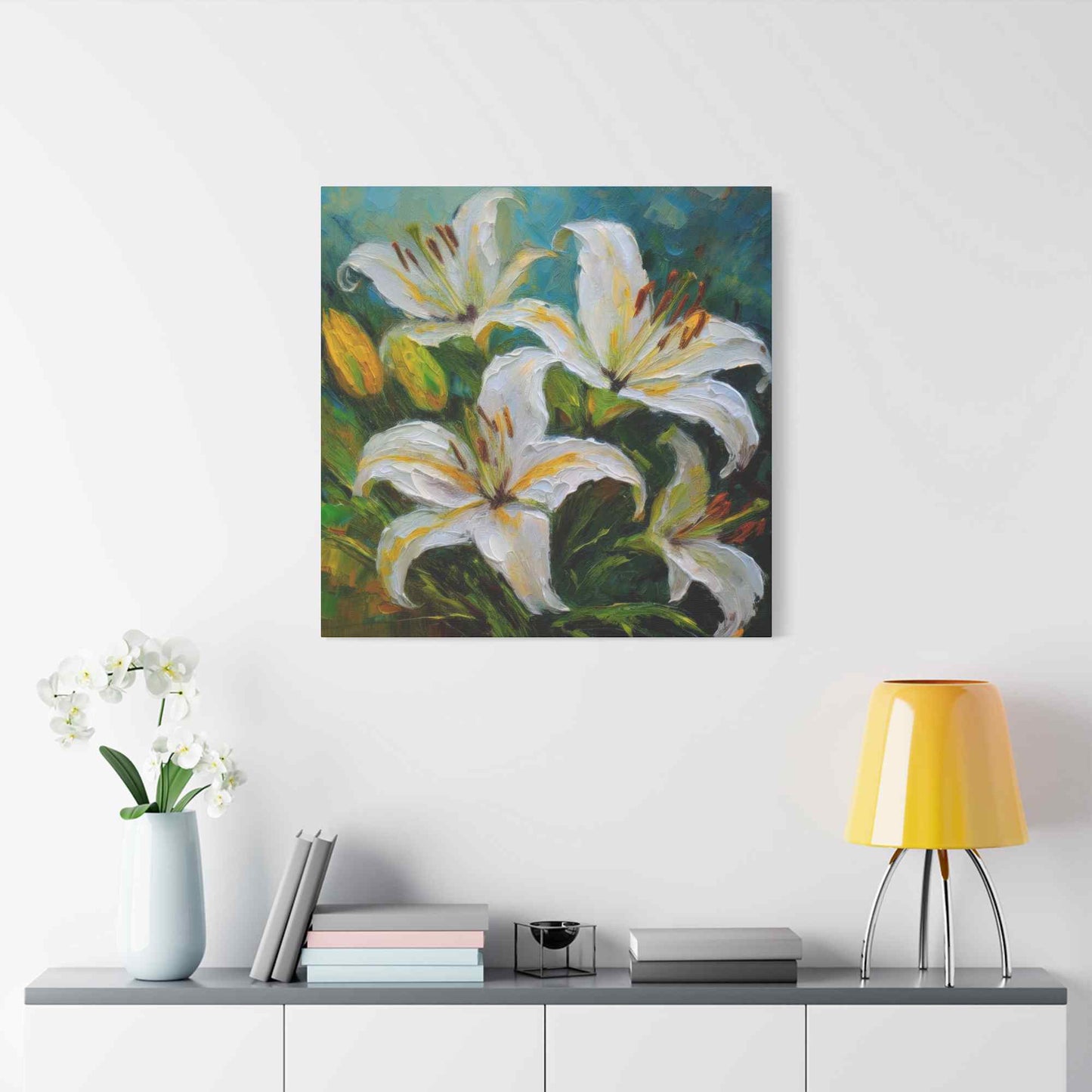 White Lilies Print Canvas, Floral Oil Paint Print 20x20, 24x24, 30x30, 32x32, 36x36 Art Design Pine-Wood Inner Frame MC-153