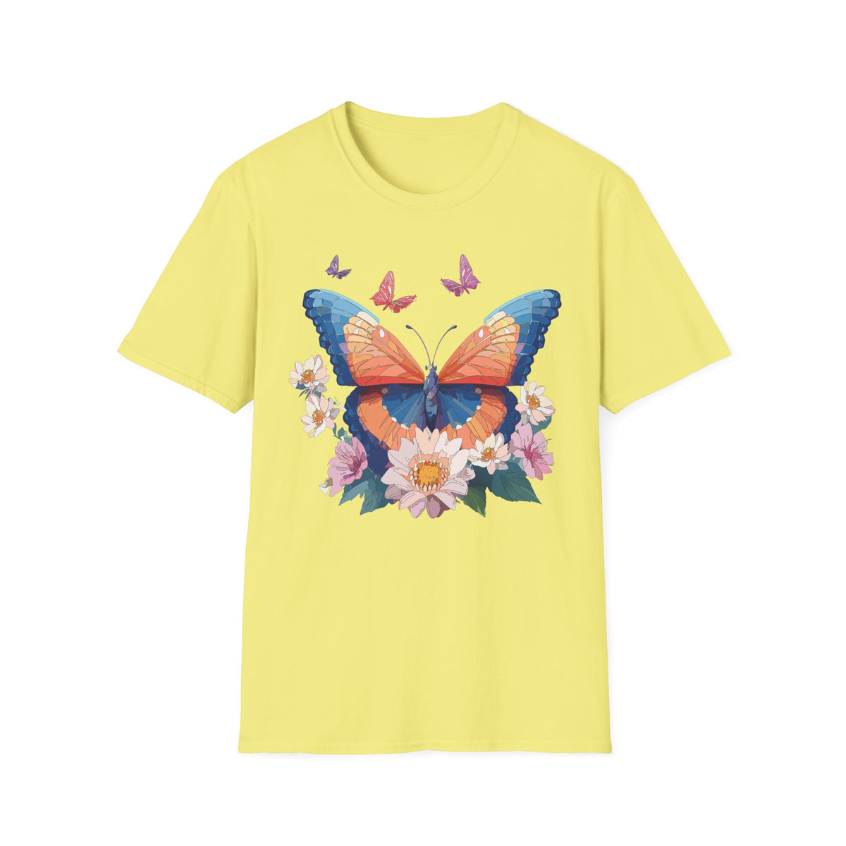 Butterfly Floral T-Shirt – Vibrant Orange & Blue Butterfly with Flowers Graphic Tee Unisex 100 Cotton Gildan T-Shirt