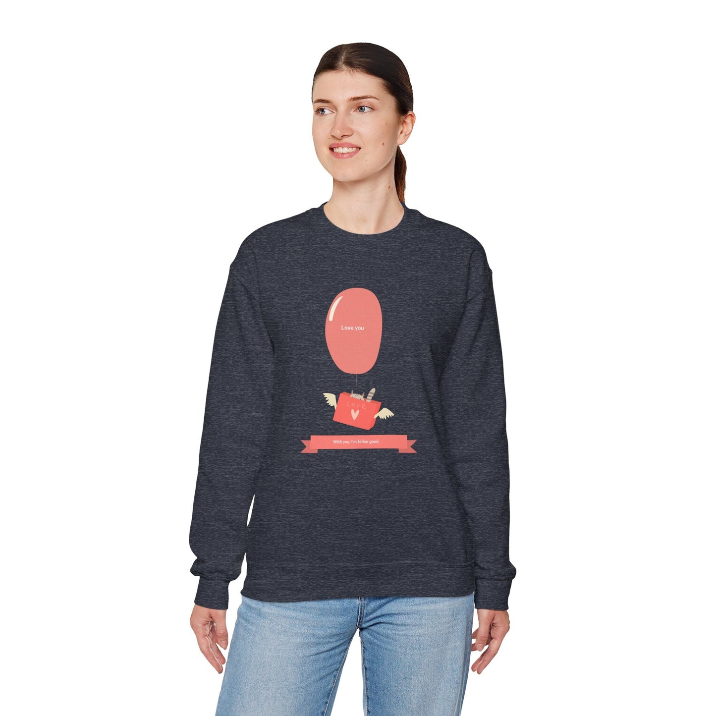 Cat Love Balloon Sweatshirt Unisex Fifty Fifty Cotton Poly Valentine Heavy Blend Crewneck Sweatshirt