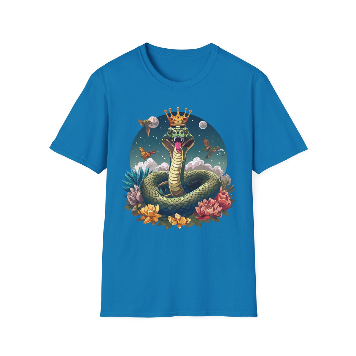Crowned Snake Illustration T-Shirt | Regal Serpent, Floral Night Scene