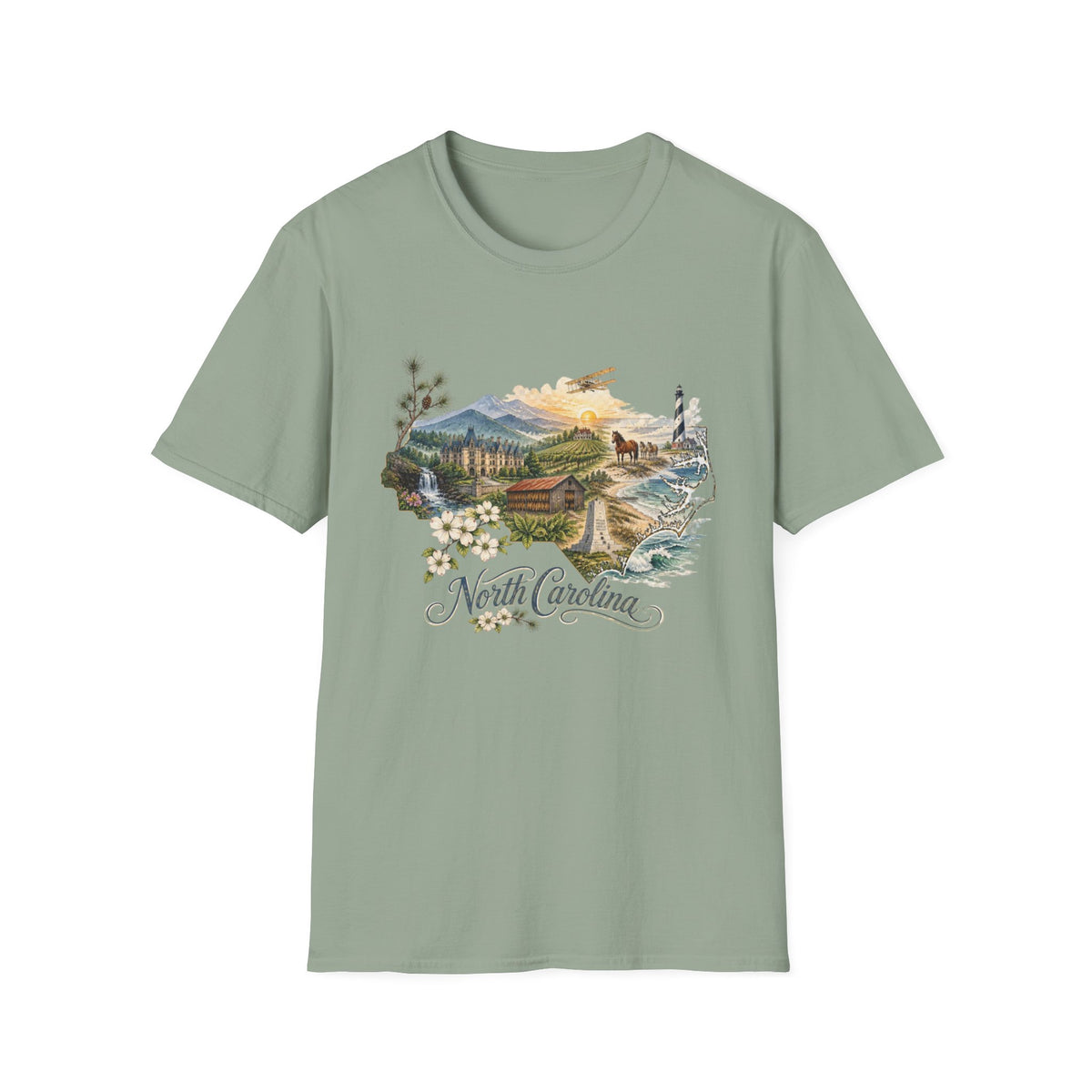 North Carolina State Travel Tourist Graphic Design Unisex 100 Cotton Gildan T-Shirt