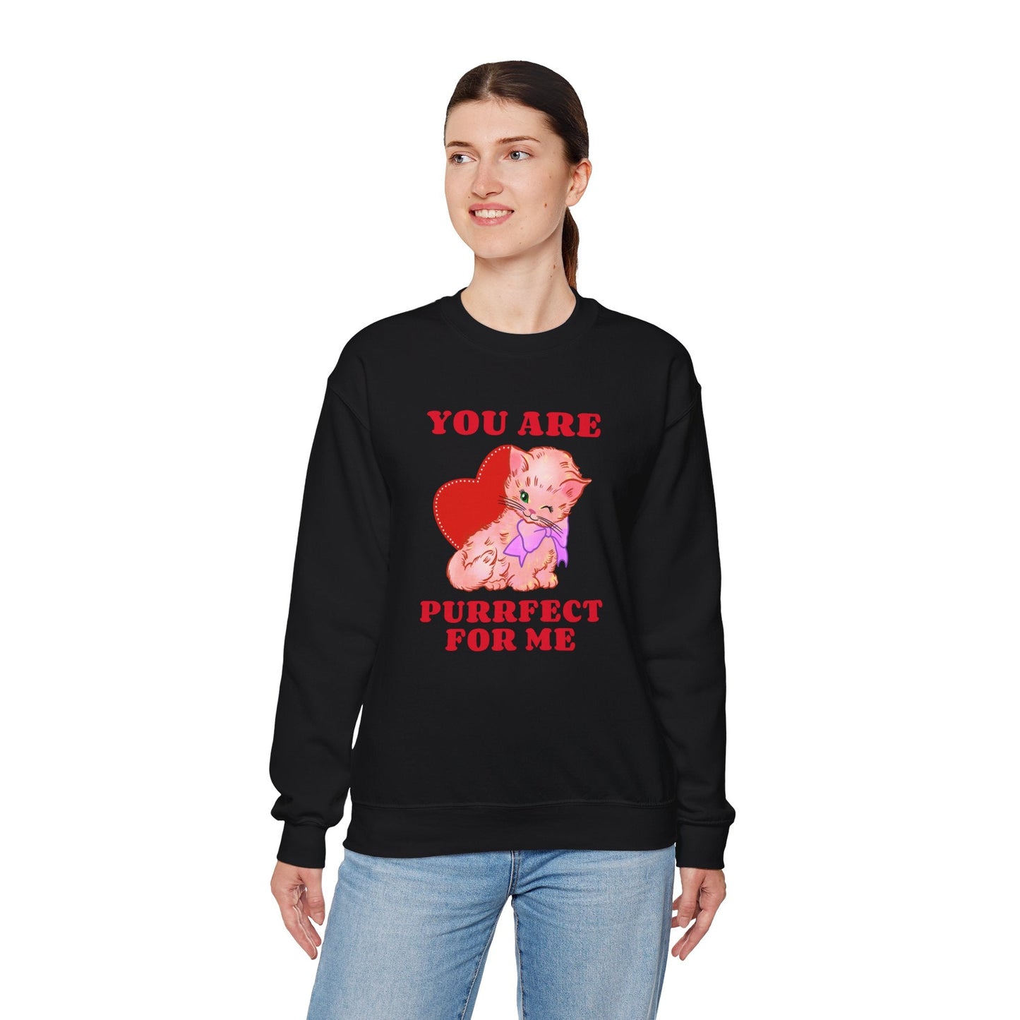 Cat Heart Sweatshirt Unisex Valentines Day Fifty Fifty Cotton Poly Blend Crewneck
