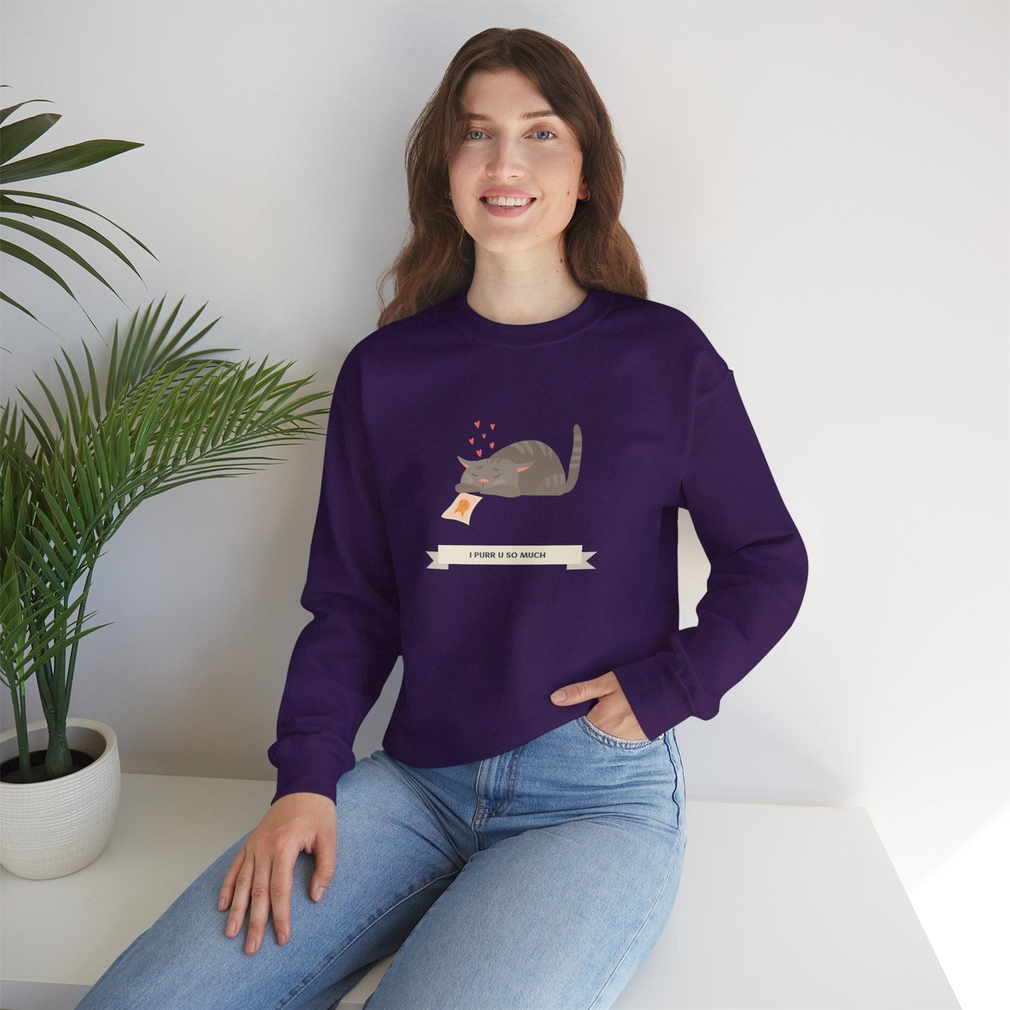 Cat Heart Sweatshirt Unisex 50/50 Cotton Poly Valentine Day Crewneck Gildan 18000