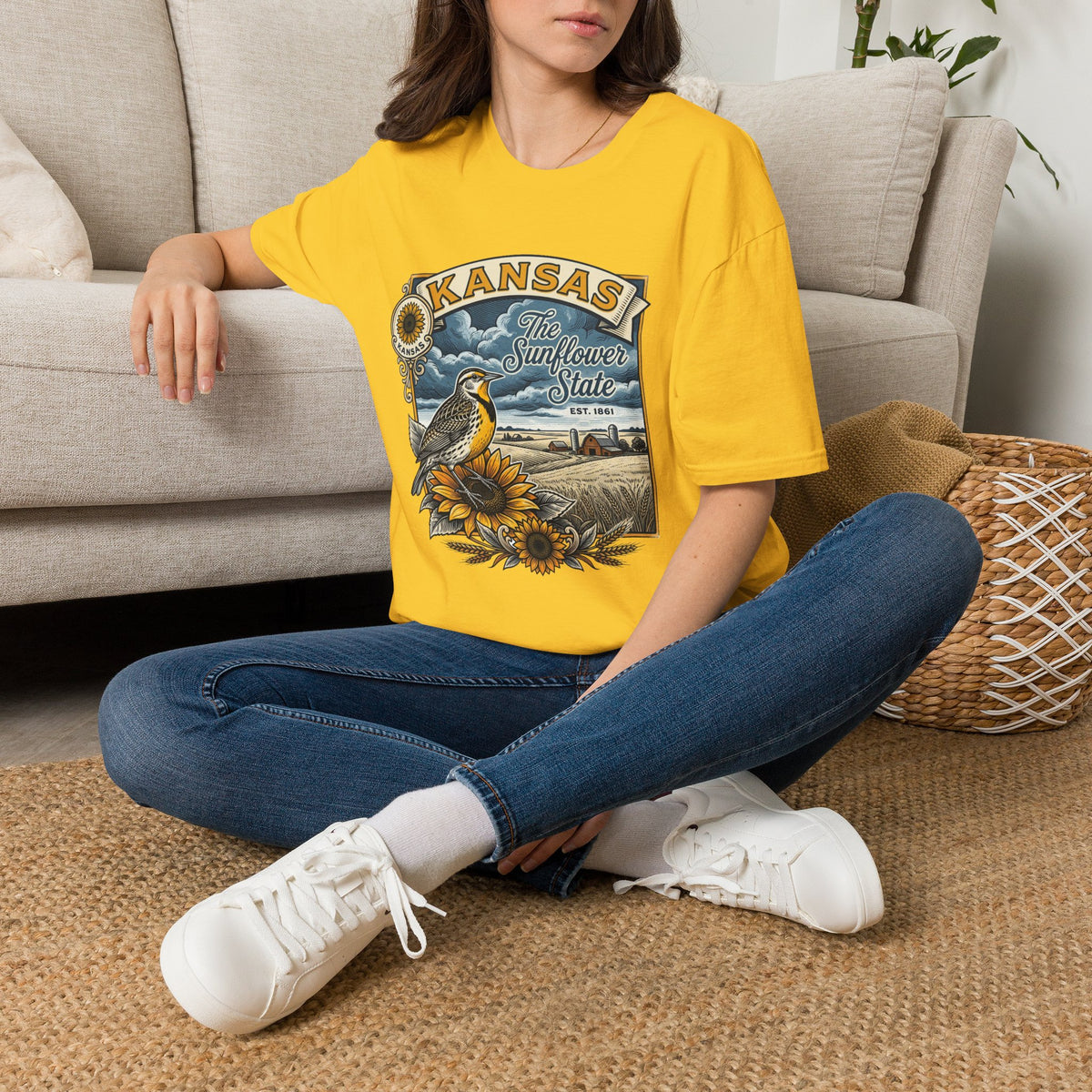 Kansas Sunflower State T-Shirt | Meadow Bird Vintage Travel Tourist Graphic Design Unisex 100 Cotton Gildan T-Shirt