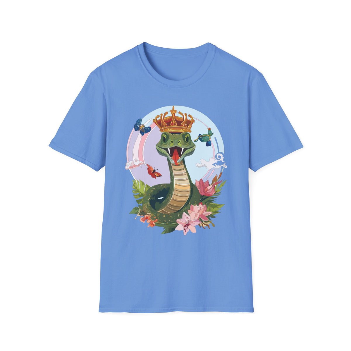 Crowned Snake Illustration T-Shirt | Regal Snake with Crown and Butterflies