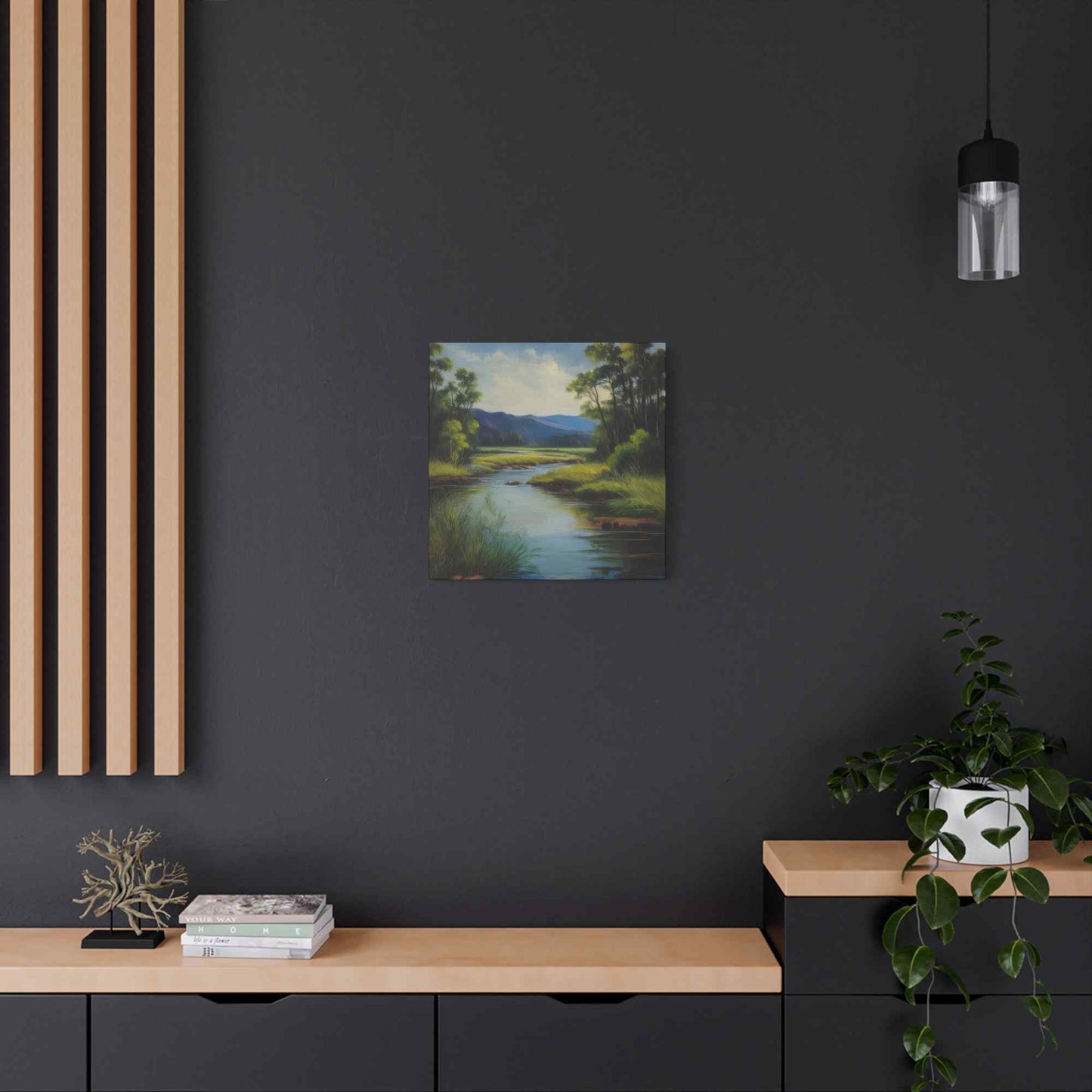 River Print Canvas, Landscape Oil Paint Print 20x20, 24x24, 30x30, 32x32, 36x36 Art Design Print Pine-Wood Inner Frame MC-54