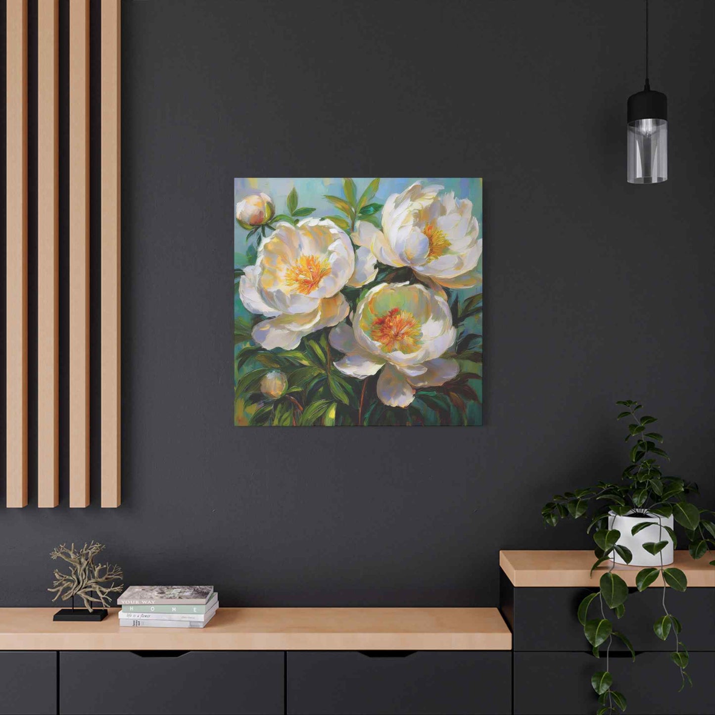 White Peonies Print Canvas, Floral Oil Paint Print 20x20, 24x24, 30x30, 32x32, 36x36 Art Design Pine-Wood Inner Frame MC-117