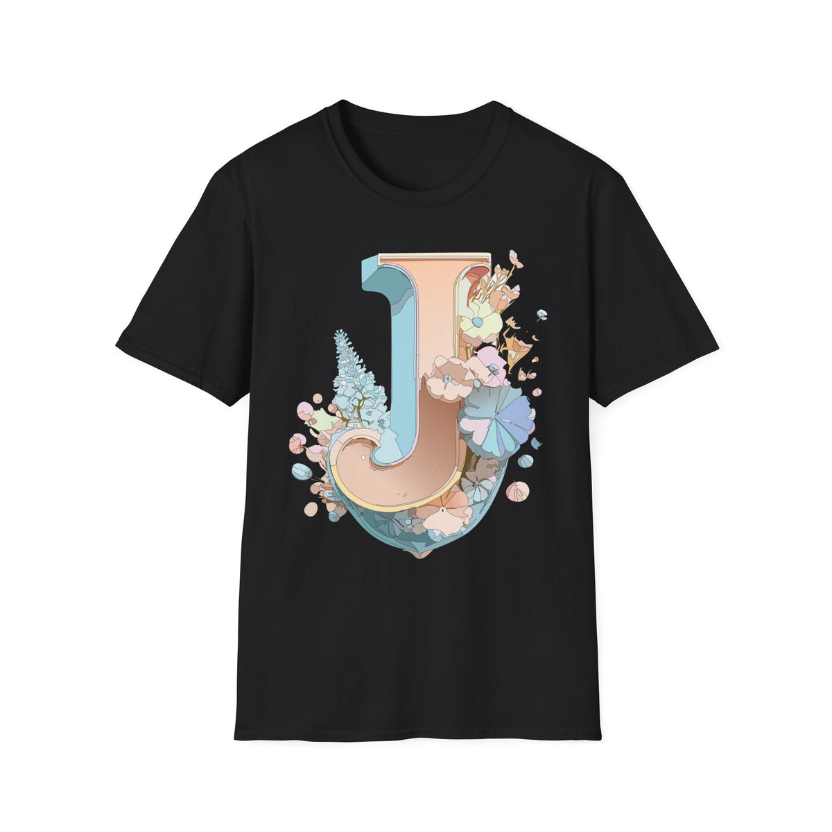 Floral Letter J T-Shirt | Monogram Initial Tee, Pastel Botanical Typography