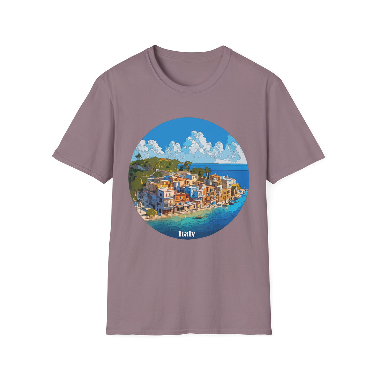 Coastal Italy Village Illustration T-Shirt | Mediterranean Seaside Graphic Tee
