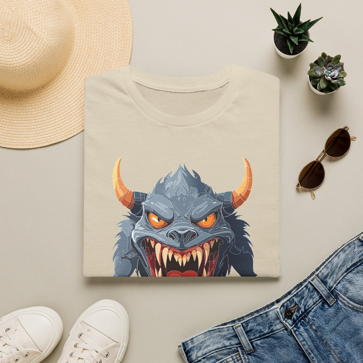 Demonic Monster Graphic T-Shirt — Fierce Horned Creature Cartoon Graphic Tee Unisex 100 Cotton Gildan T-Shirt