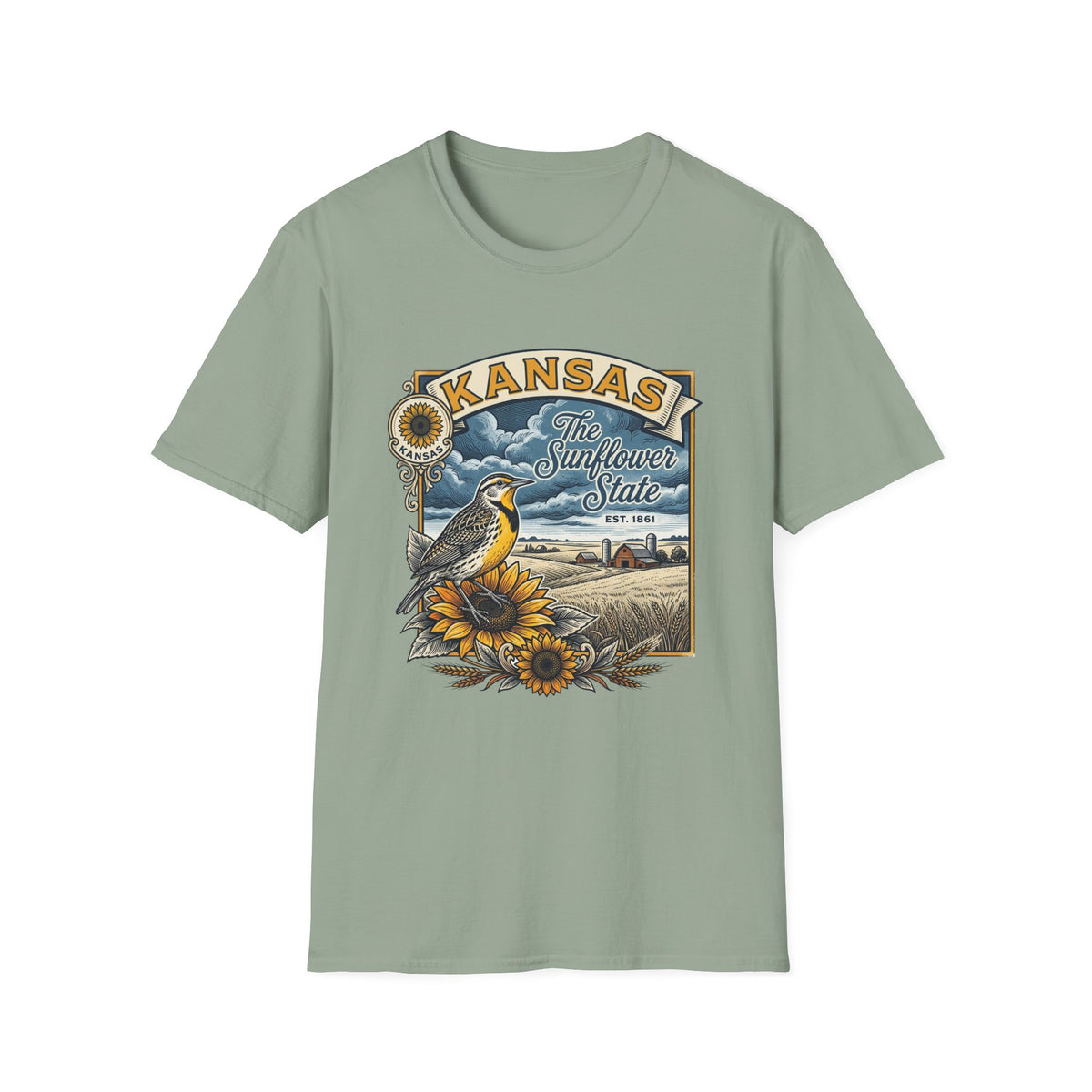 Kansas Sunflower State T-Shirt | Meadow Bird Vintage Travel Tourist Graphic Design Unisex 100 Cotton Gildan T-Shirt