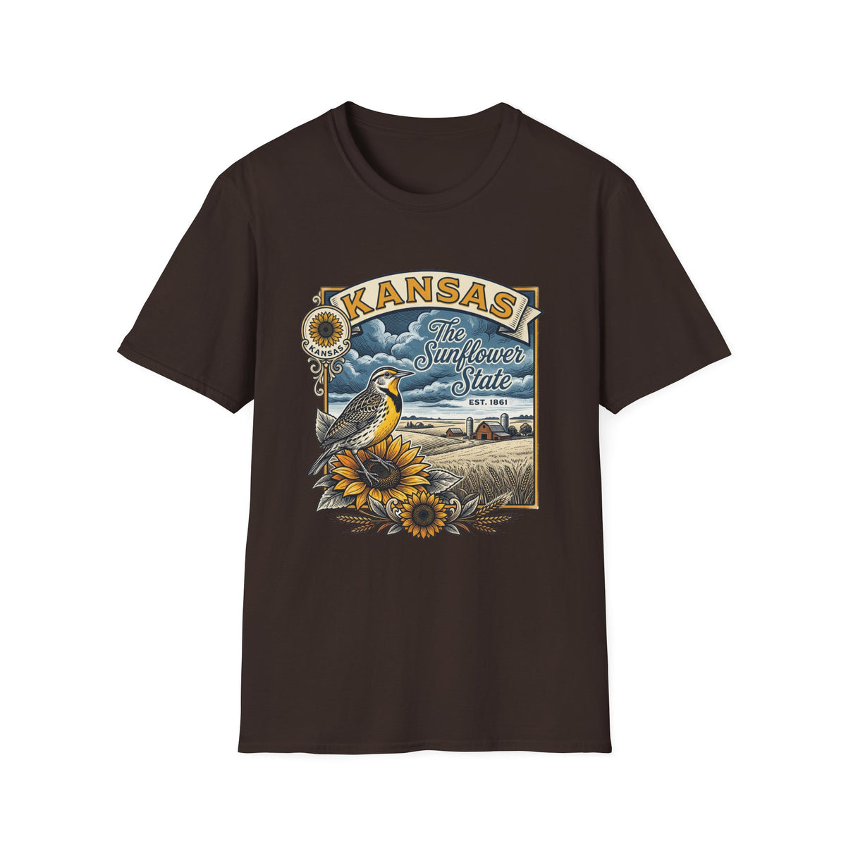 Kansas Sunflower State T-Shirt | Meadow Bird Vintage Travel Tourist Graphic Design Unisex 100 Cotton Gildan T-Shirt