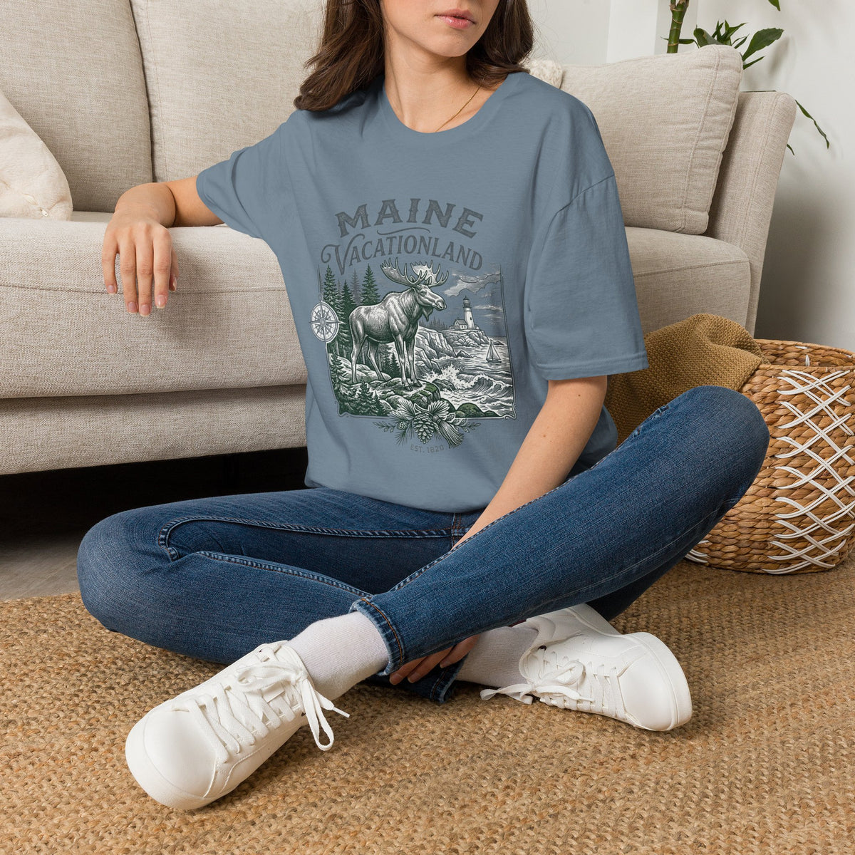 Maine Vacationland T-Shirt – Vintage Moose, Lighthouse State Travel Travel Tourist Graphic Design Unisex 100 Cotton Gildan T-Shirt