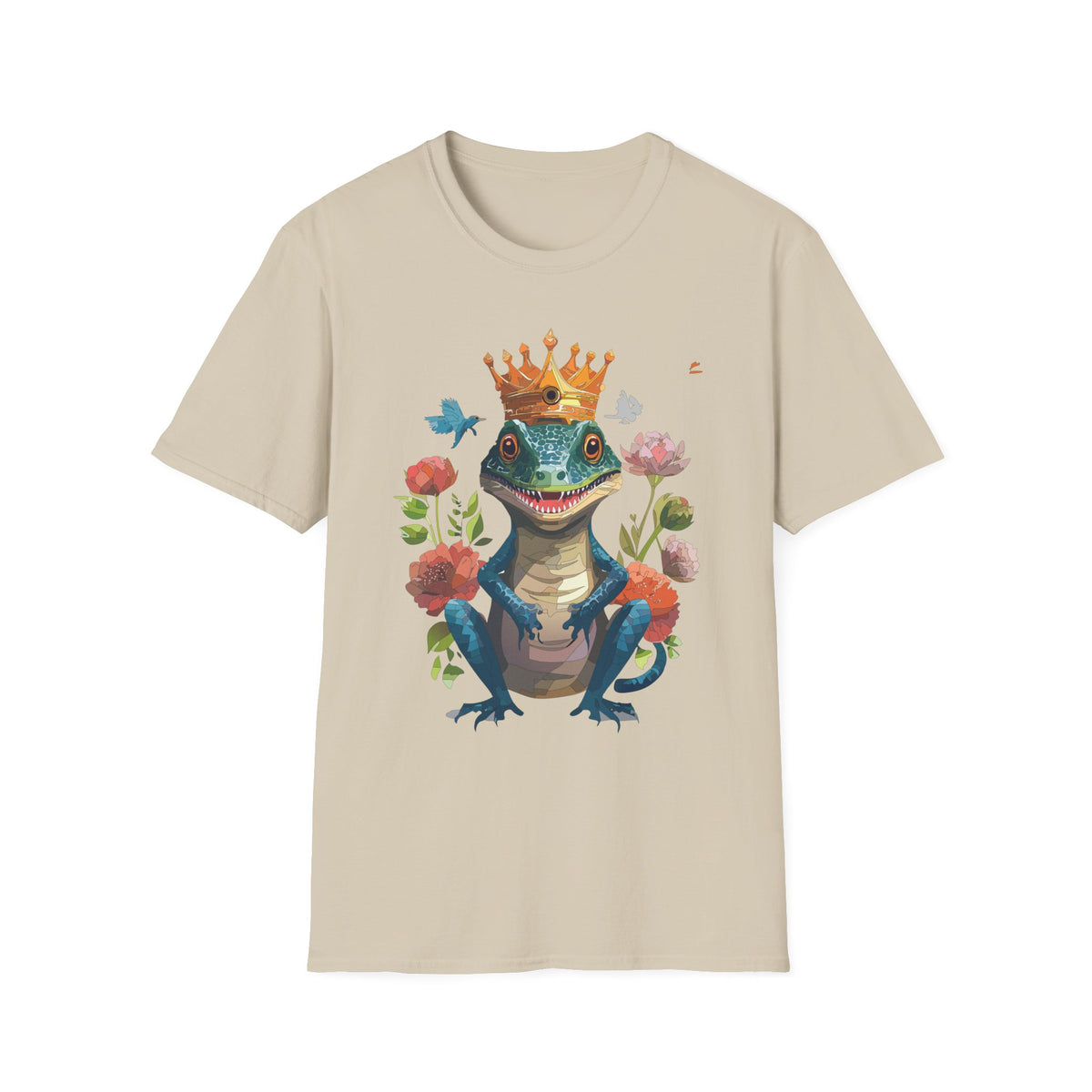 Crowned Lizard Illustration T-Shirt | Regal Gecko with Flowers