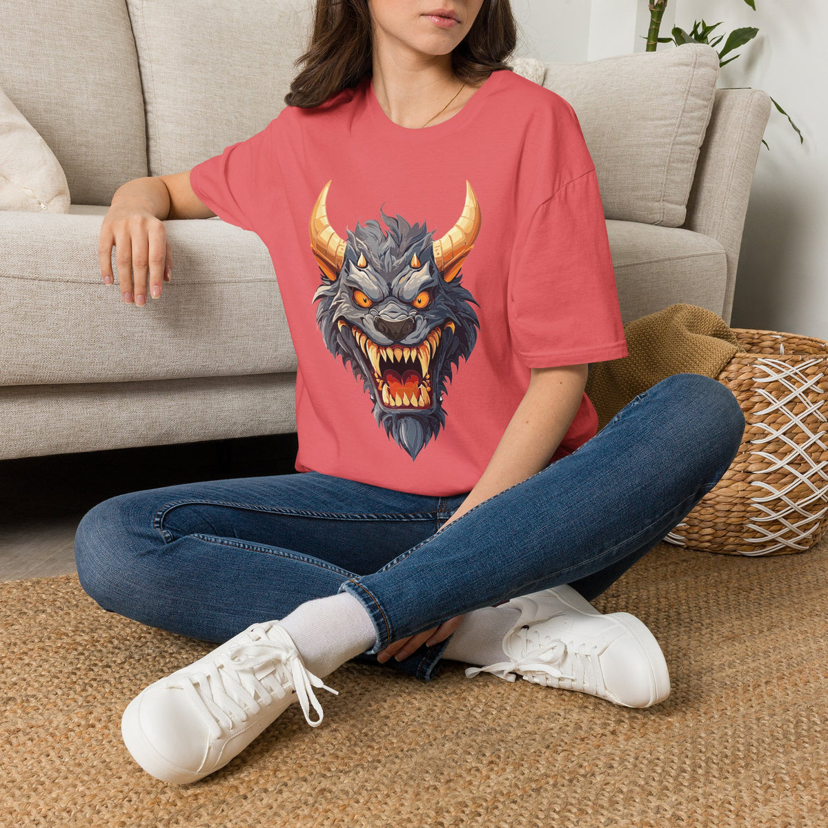 Demonic Beast Head T-Shirt — Horned Monster Cartoon Graphic Tee Unisex 100 Cotton Gildan T-Shirt
