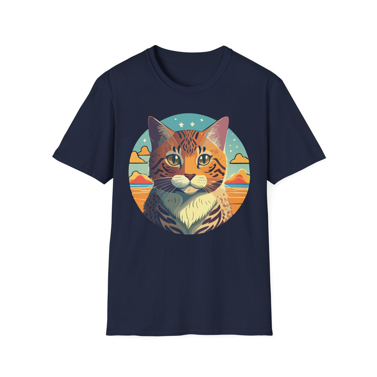 Retro Tabby Cat Illustration T-Shirt | Vintage Sunset Cat Tee