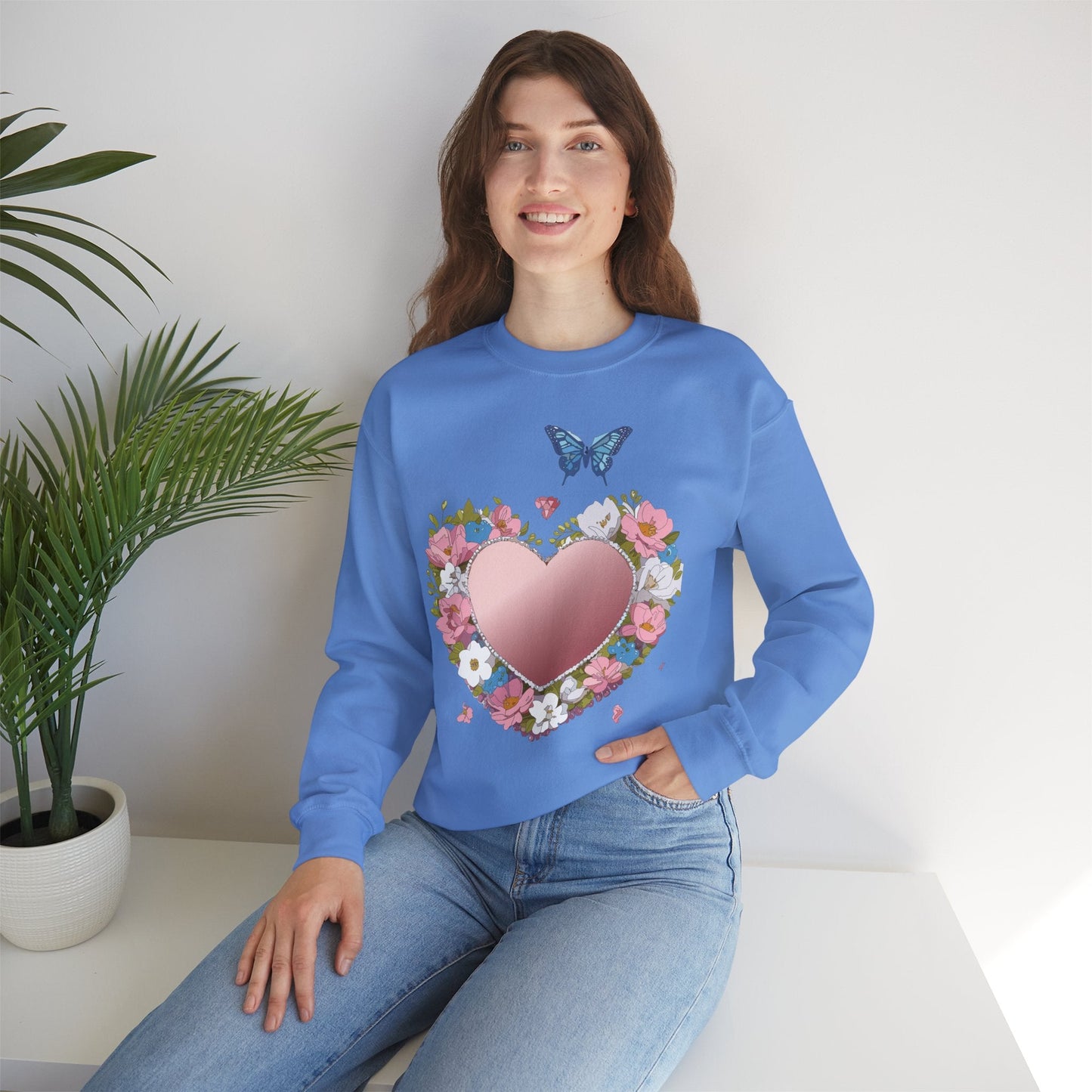 Unisex Floral Heart Sweatshirt Valentines Day Love Crewneck Gildan 18000 50/50 Cotton Polyester