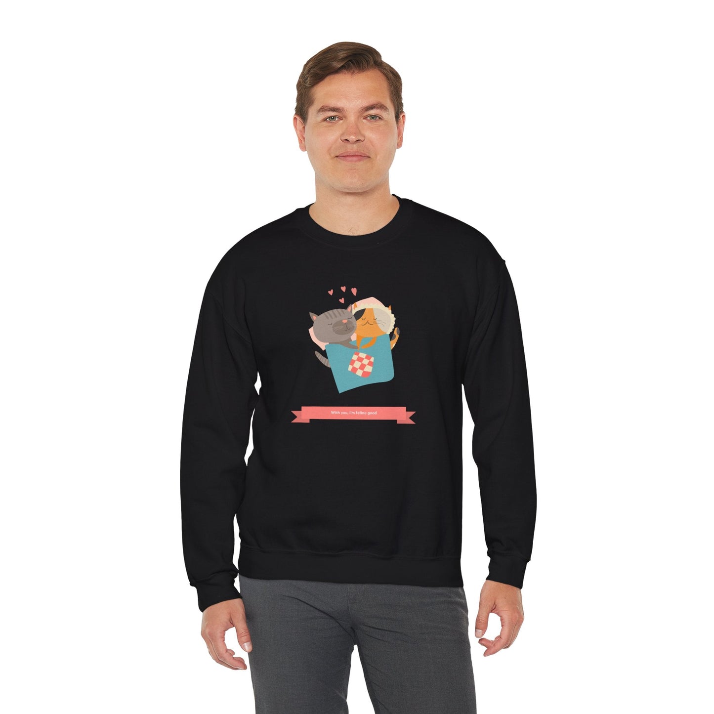 Cat Heart Sweatshirt Unisex Valentines Day 50 50 Cotton Poly Crewneck Gildan 18000