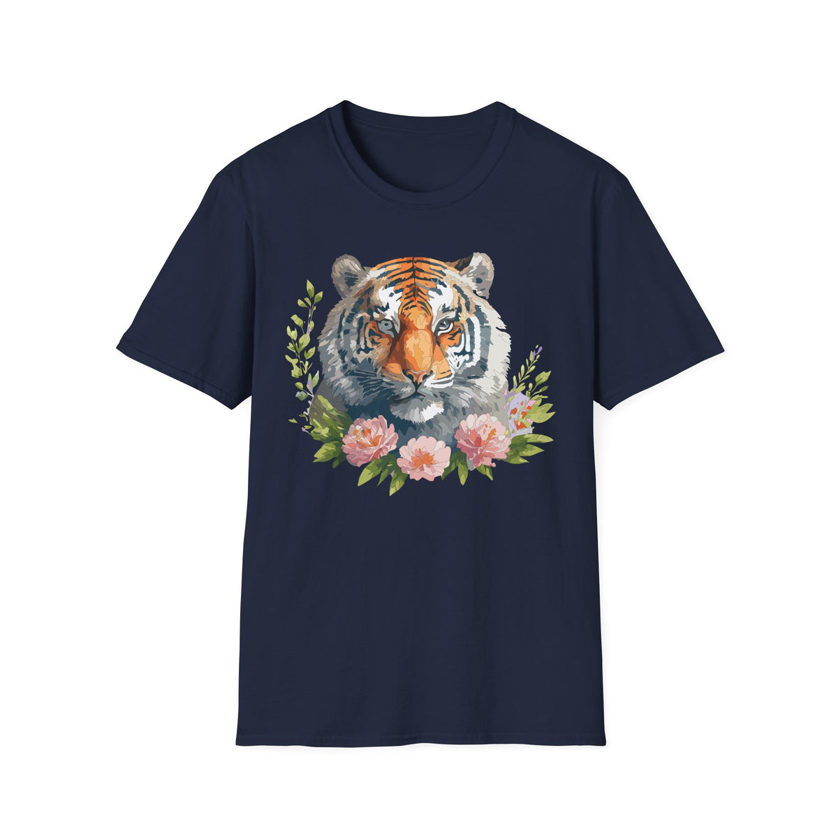 Watercolor Tiger Head T-Shirt | Floral Accents, Botanical Illustration