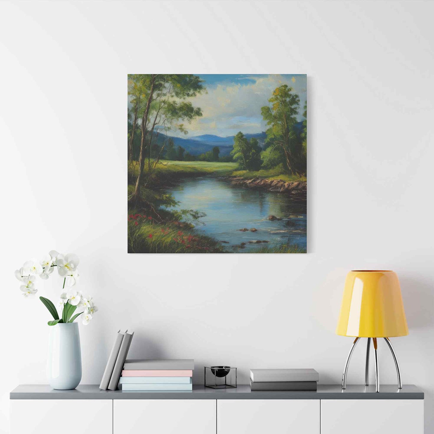 River Print Canvas, Landscape Oil Paint Print 20x20, 24x24, 30x30, 32x32, 36x36 Art Design Print Pine-Wood Inner Frame MC-53