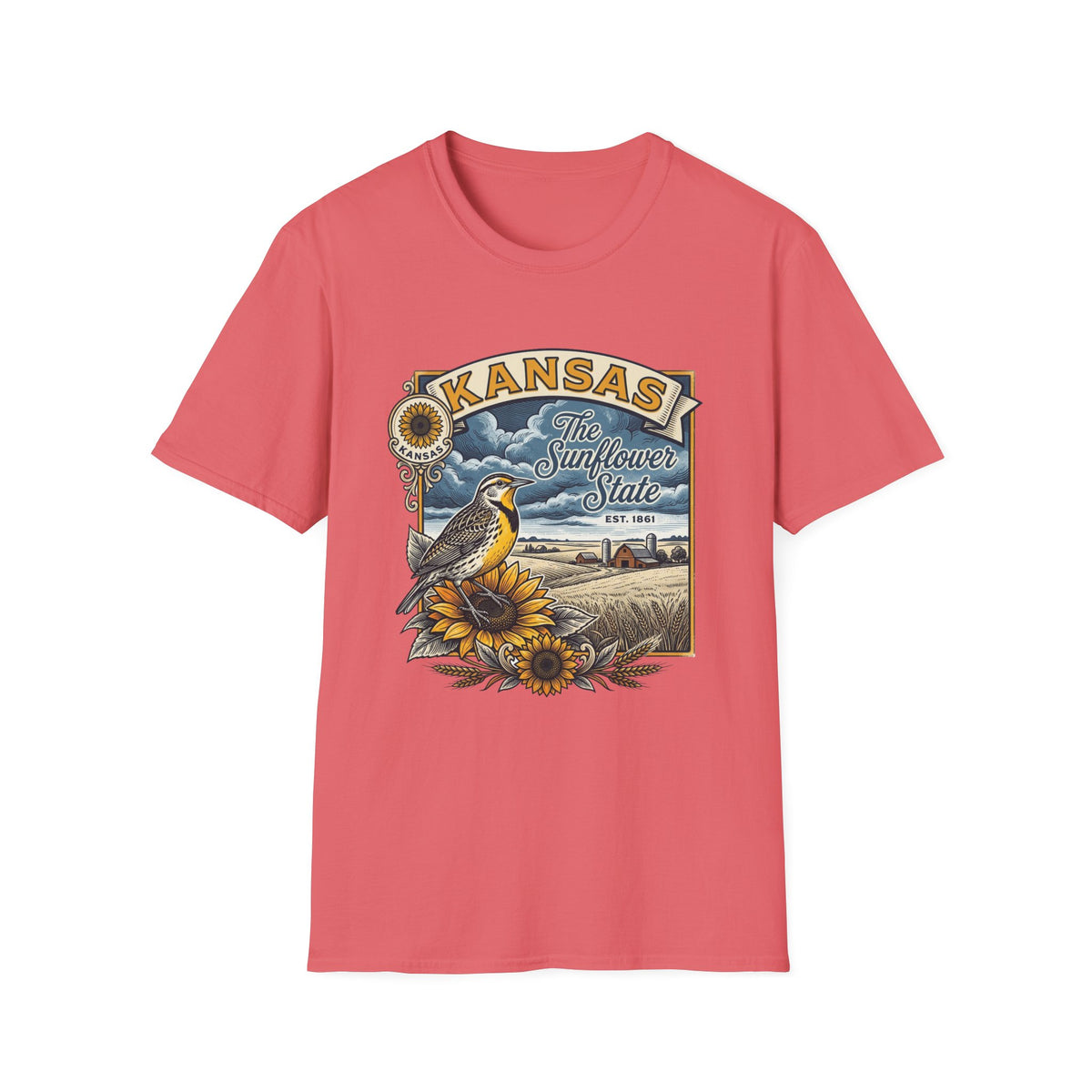 Kansas Sunflower State T-Shirt | Meadow Bird Vintage Travel Tourist Graphic Design Unisex 100 Cotton Gildan T-Shirt