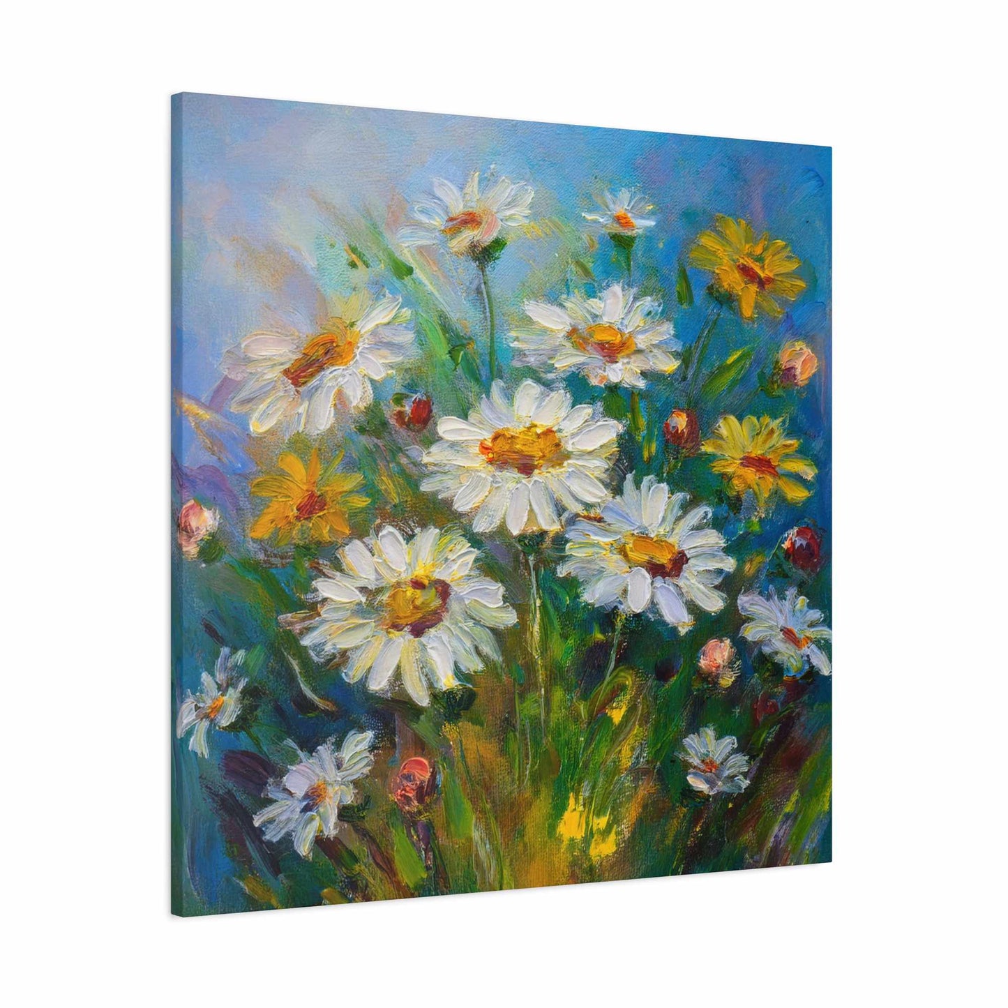 White Daisies Print Canvas, Floral Oil Paint Print 20x20, 24x24, 30x30, 32x32, 36x36 Art Design Pine-Wood Inner Frame MC-128
