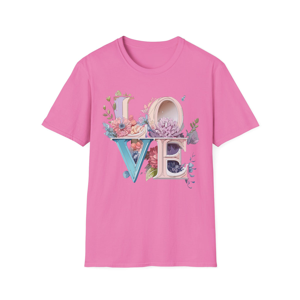 Floral LOVE Typography T-Shirt | Botanical Letter Art, Pastel Bloom Design