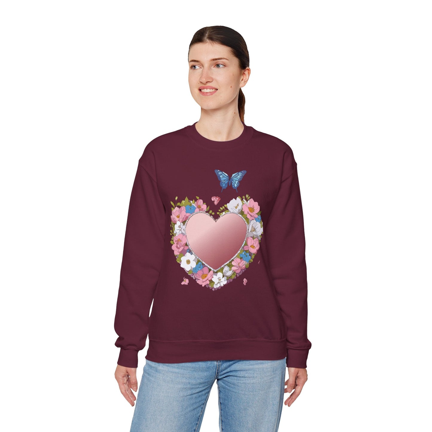 Unisex Floral Heart Sweatshirt Valentines Day Love Crewneck Gildan 18000 50/50 Cotton Polyester