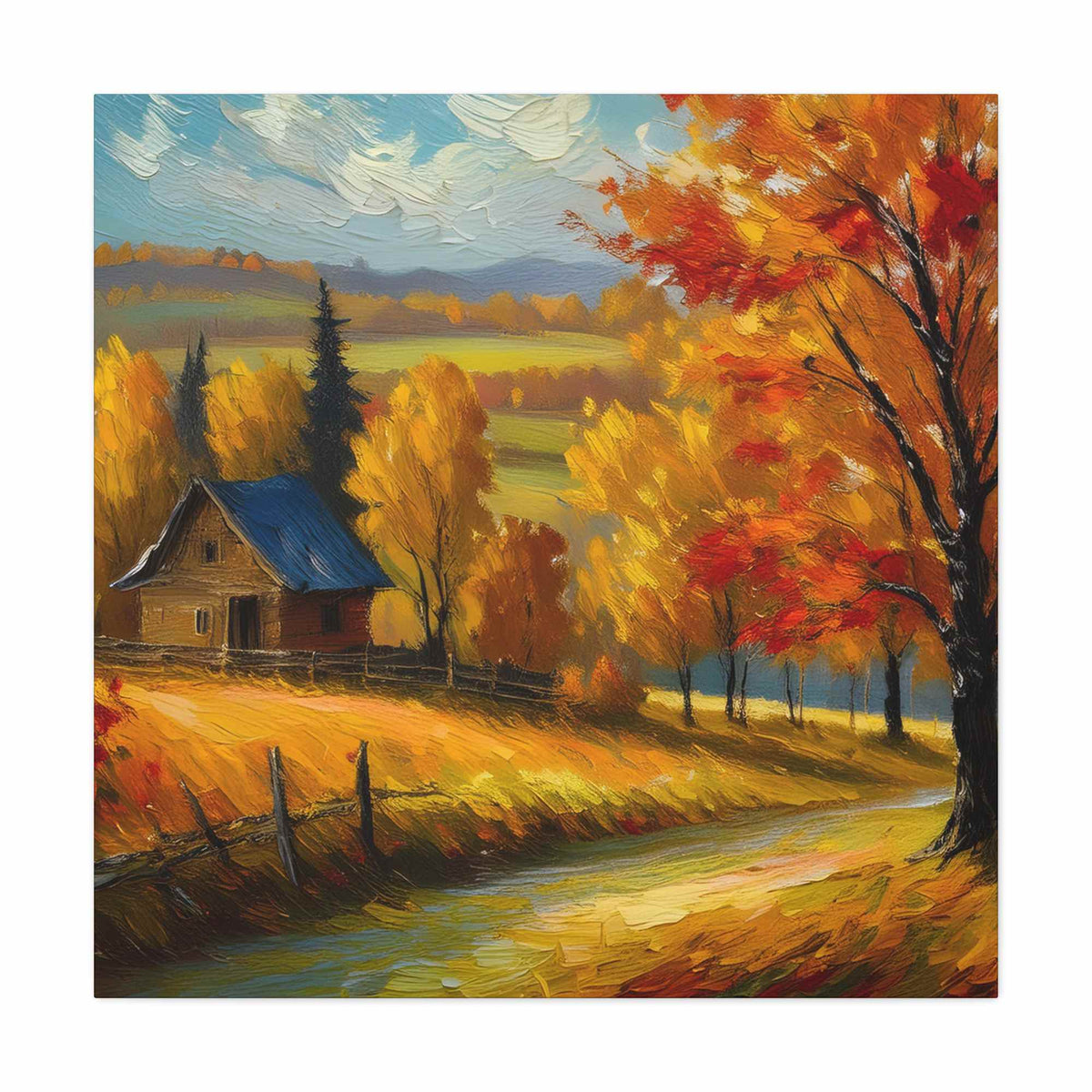 Countryside Fall Print Canvas, Oil Paint Print 20x20, 24x24, 30x30, 32x32, 36x36 Art Design Pine-Wood Inner Frame MC-107