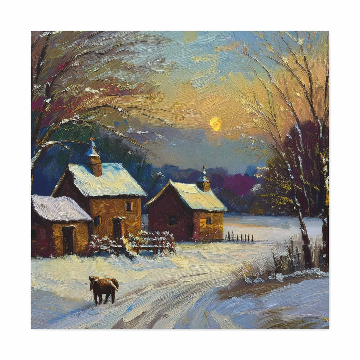 Countryside Winter Print Canvas, Oil Paint Print 20x20, 24x24, 30x30, 32x32, 36x36 Art Design Pine-Wood Inner Frame MC-111