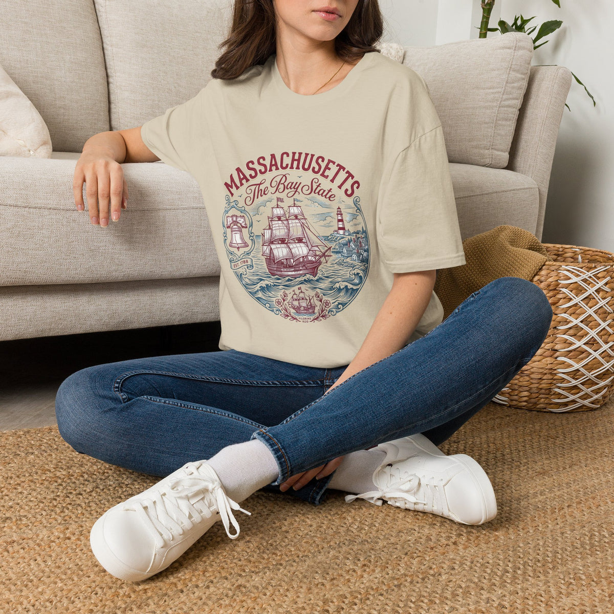 Massachusetts The Bay State T-Shirt – Vintage Nautical Ship Lighthouse Travel Tourist Graphic Design Unisex 100 Cotton Gildan T-Shirt