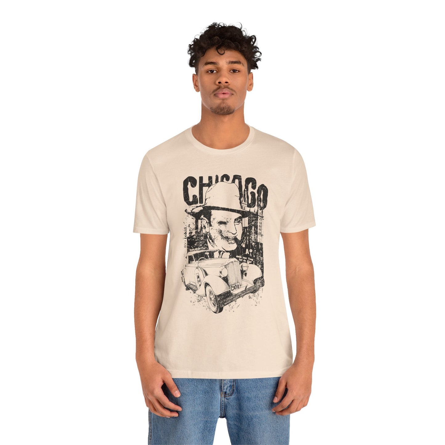 Chicago Retro Mobster Illustration Tee Vintage Car Cityscape Art Design T-Shirt A-8