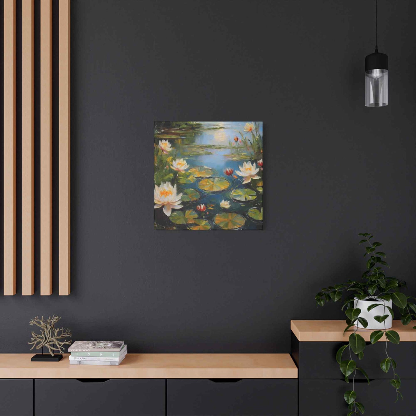 Water Lilies Print Canvas, Oil Paint Print 20x20, 24x24, 30x30, 32x32, 36x36 Floral Art Print Pine-Wood Inner Frame MC-64