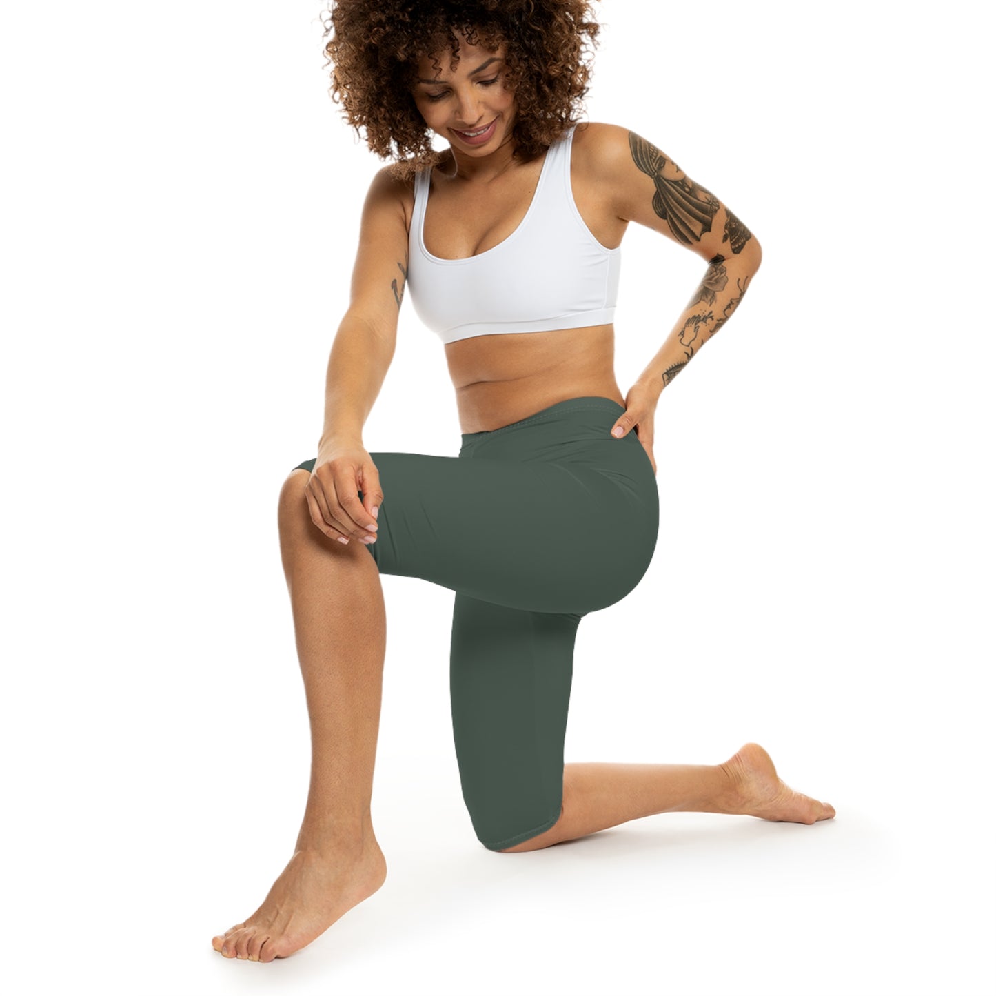 Dark Grey Olive Color Women's Brushed Suede Poly Span Casual Capri Leggings XS-2XL