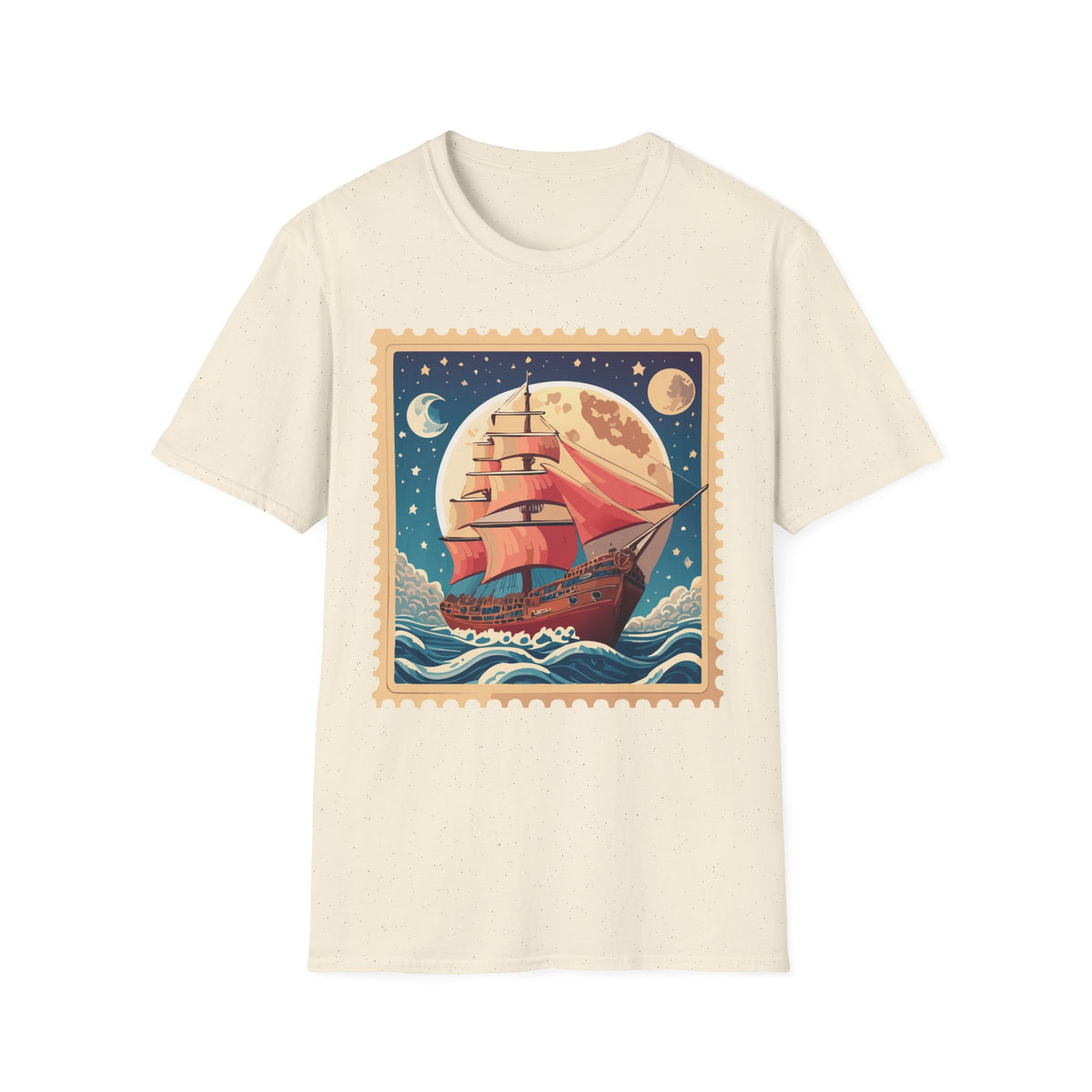 Vintage Sailing Ship Stamp T-Shirt | Moonlit Ocean Illustration