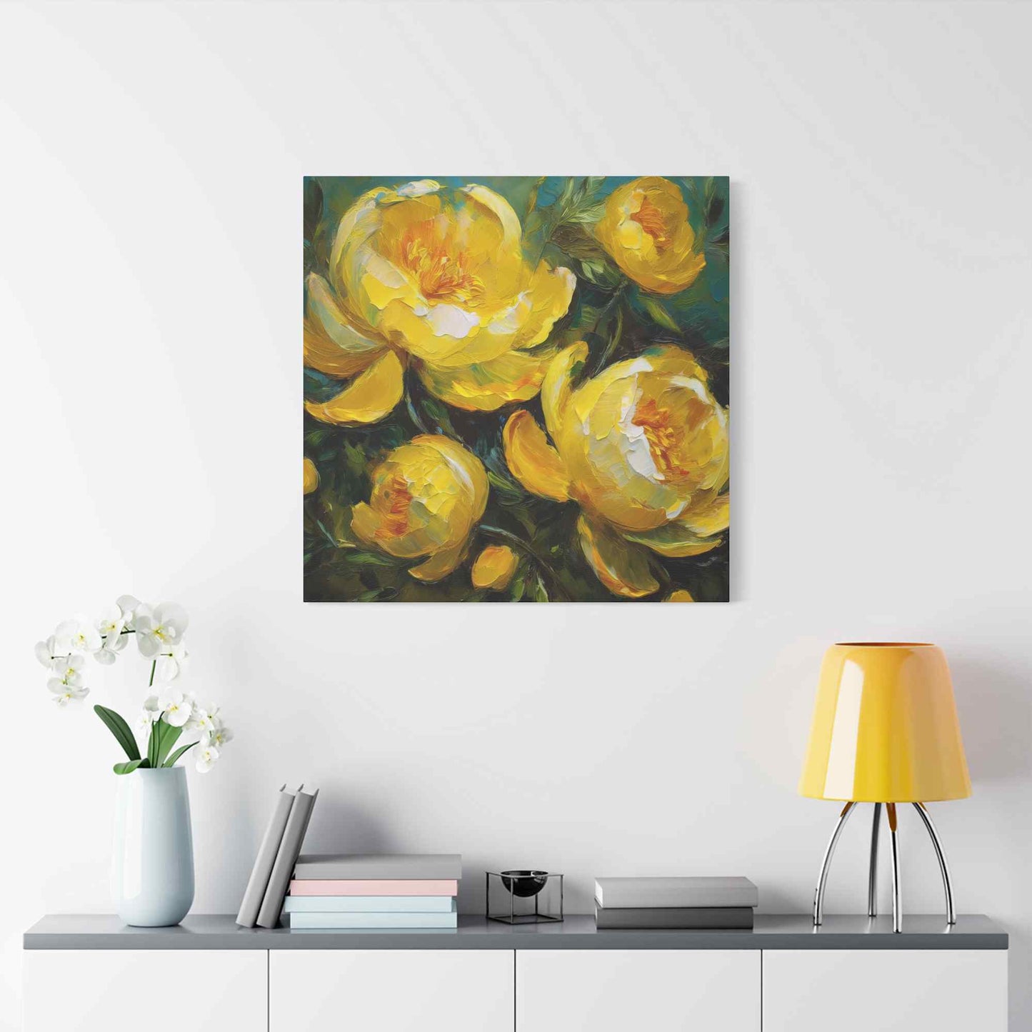 Yellow Peonies Print Canvas, Floral Oil Paint Print 20x20, 24x24, 30x30, 32x32, 36x36 Art Design Pine-Wood Inner Frame MC-122