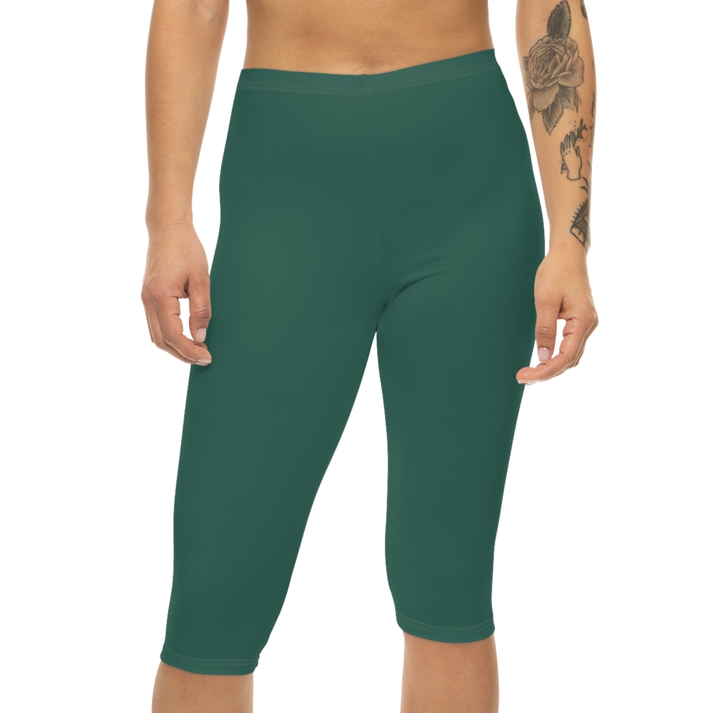 Dark Jungle Green Color Women's Brushed Suede Poly Span Casual Capri Leggings XS-2XL