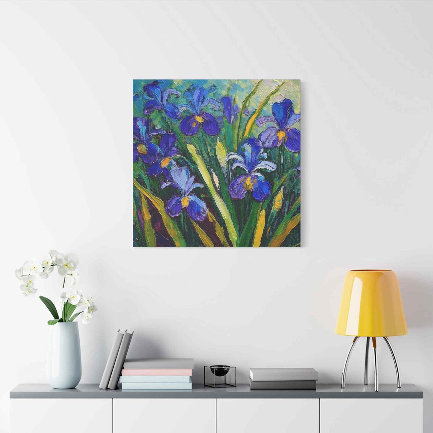 Irises Floral Print Canvas, Floral Oil Paint Print 20x20, 24x24, 30x30, 32x32, 36x36 Art Design Pine-Wood Inner Frame MC-187