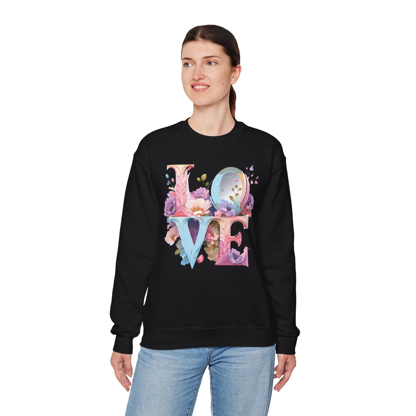 Floral Love Sweatshirt Unisex Crewneck Fifty Fifty Cotton Polyester Valentine Gift