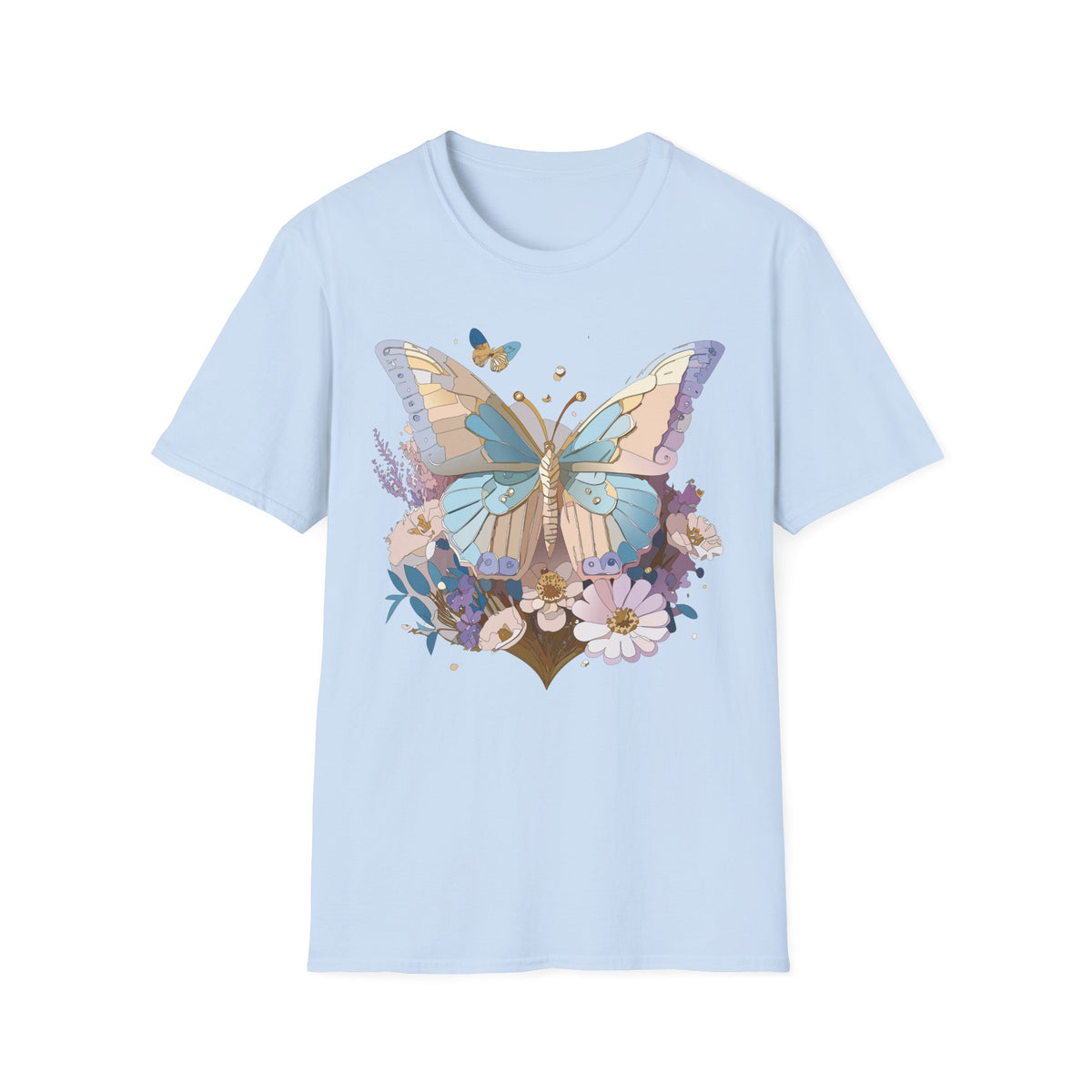 Butterfly Garden T‑Shirt — Pastel Floral Wing Illustration Graphic Design Unisex 100 Cotton Gildan T-Shirt