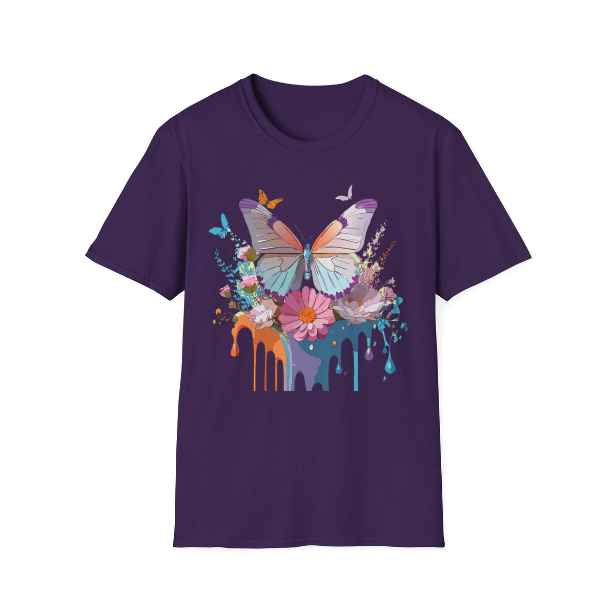 Butterfly Floral T-Shirt — Colorful Drip Art Garden Graphic Design Unisex 100 Cotton Gildan T-Shirt